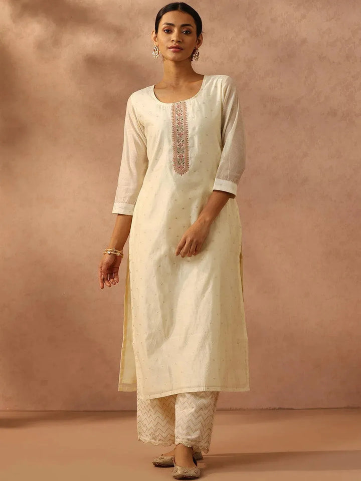 Off White Embroidered Chanderi Silk Straight Kurta - Libas
