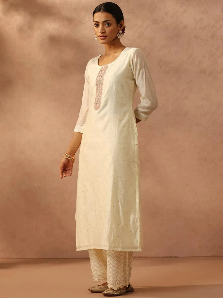 Off White Embroidered Chanderi Silk Straight Kurta - Libas