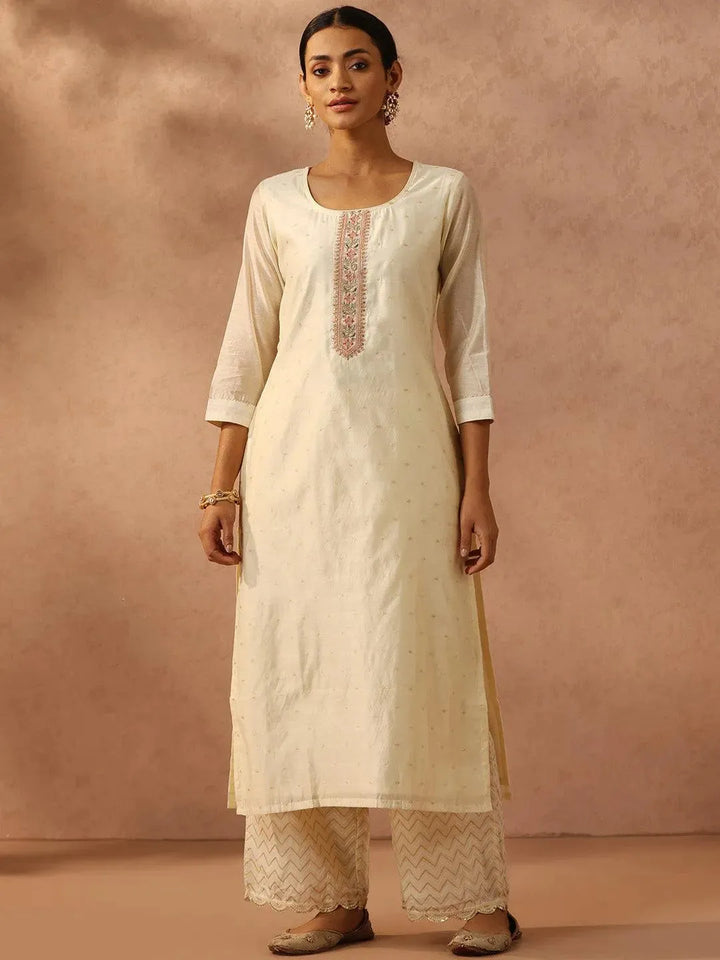 Off White Embroidered Chanderi Silk Straight Kurta - Libas