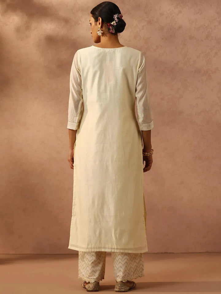 Off White Embroidered Chanderi Silk Straight Kurta - Libas