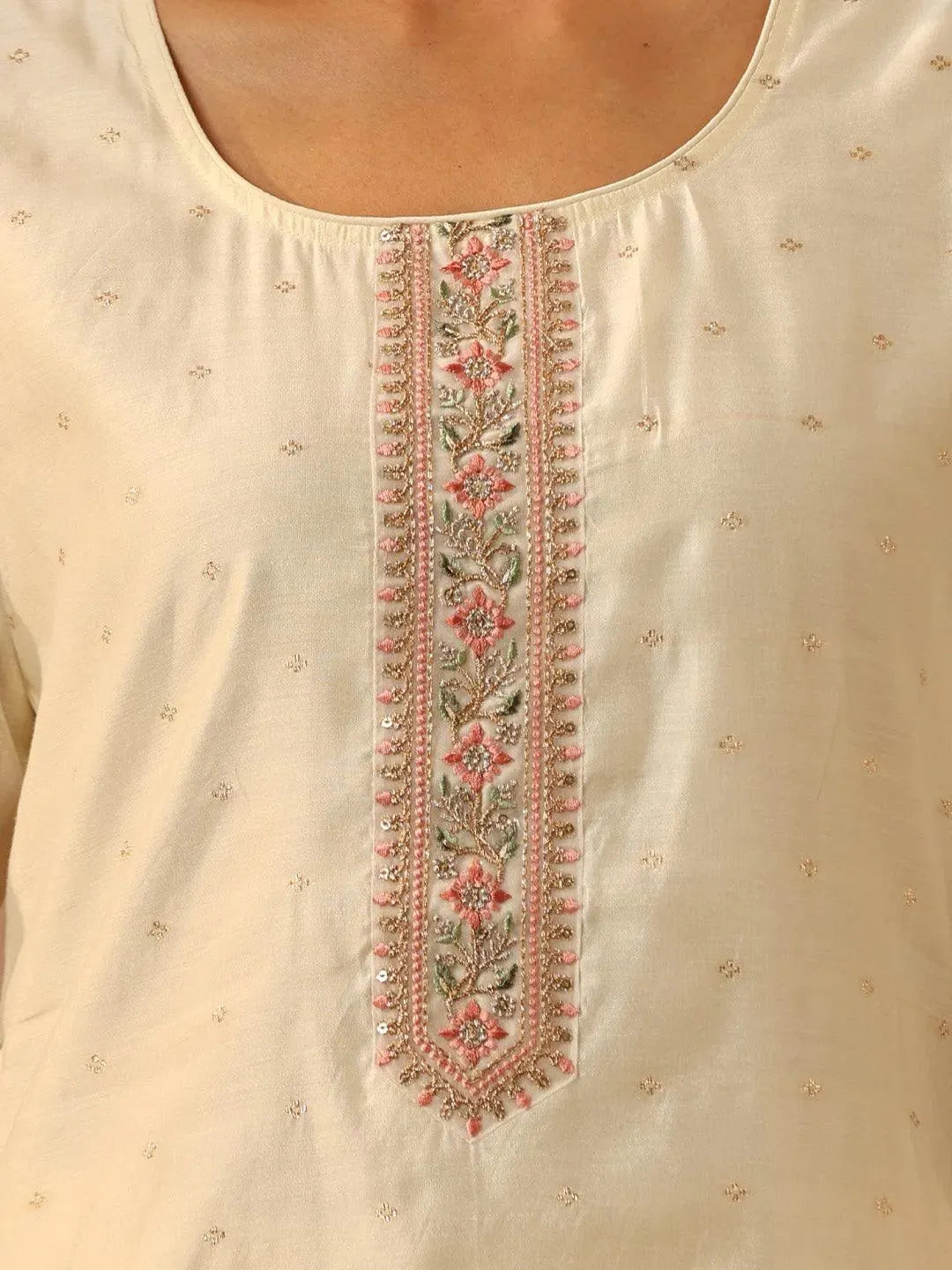 Off White Embroidered Chanderi Silk Straight Kurta - Libas 