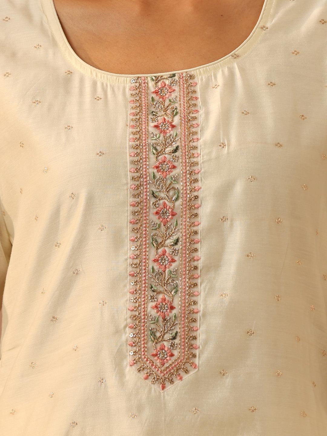 Off White Embroidered Chanderi Silk Straight Kurta - Libas