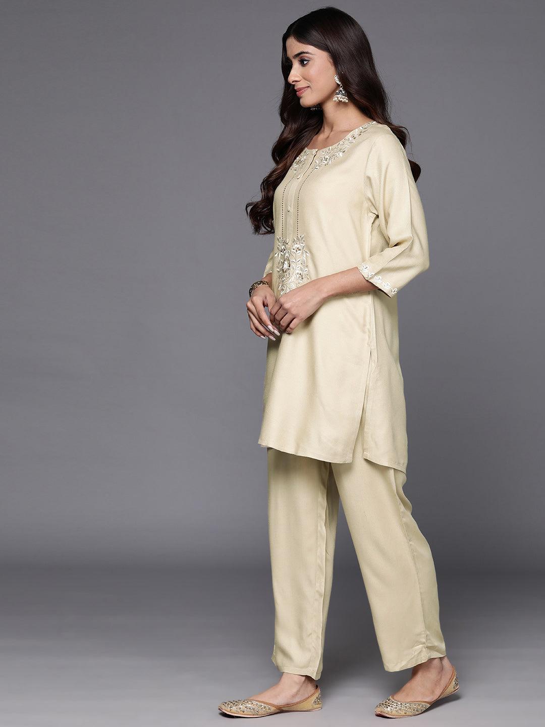 Off White Self Design Wool Blend Tunic With Trousers - Libas