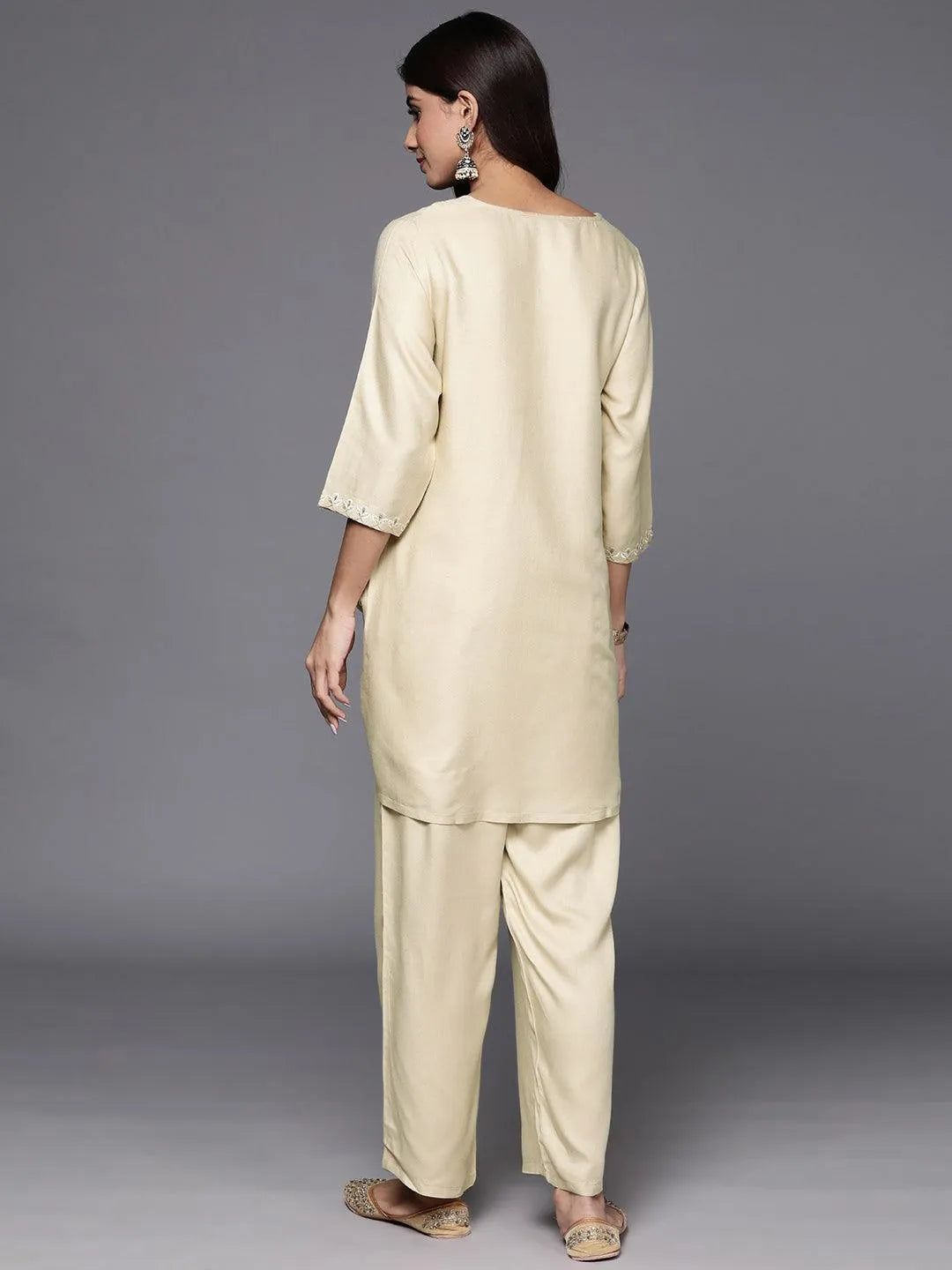 Off White Self Design Wool Blend Tunic With Trousers - Libas 