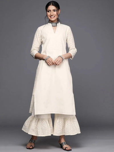 Off White Solid Cotton Kurta - Libas