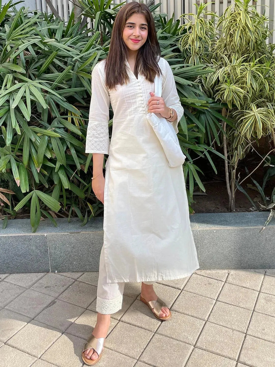 Off White Solid Cotton Kurta - Libas