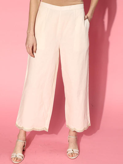 Off White Solid Cotton Palazzos - Libas