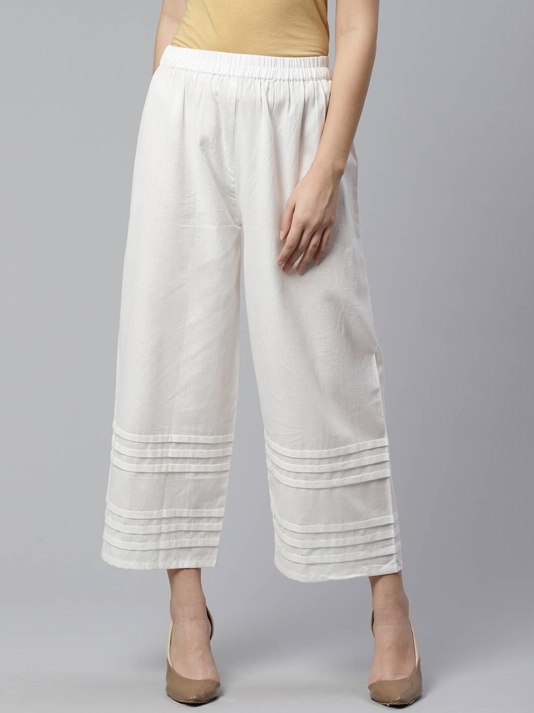 Off-White Solid Cotton Palazzos - Libas
