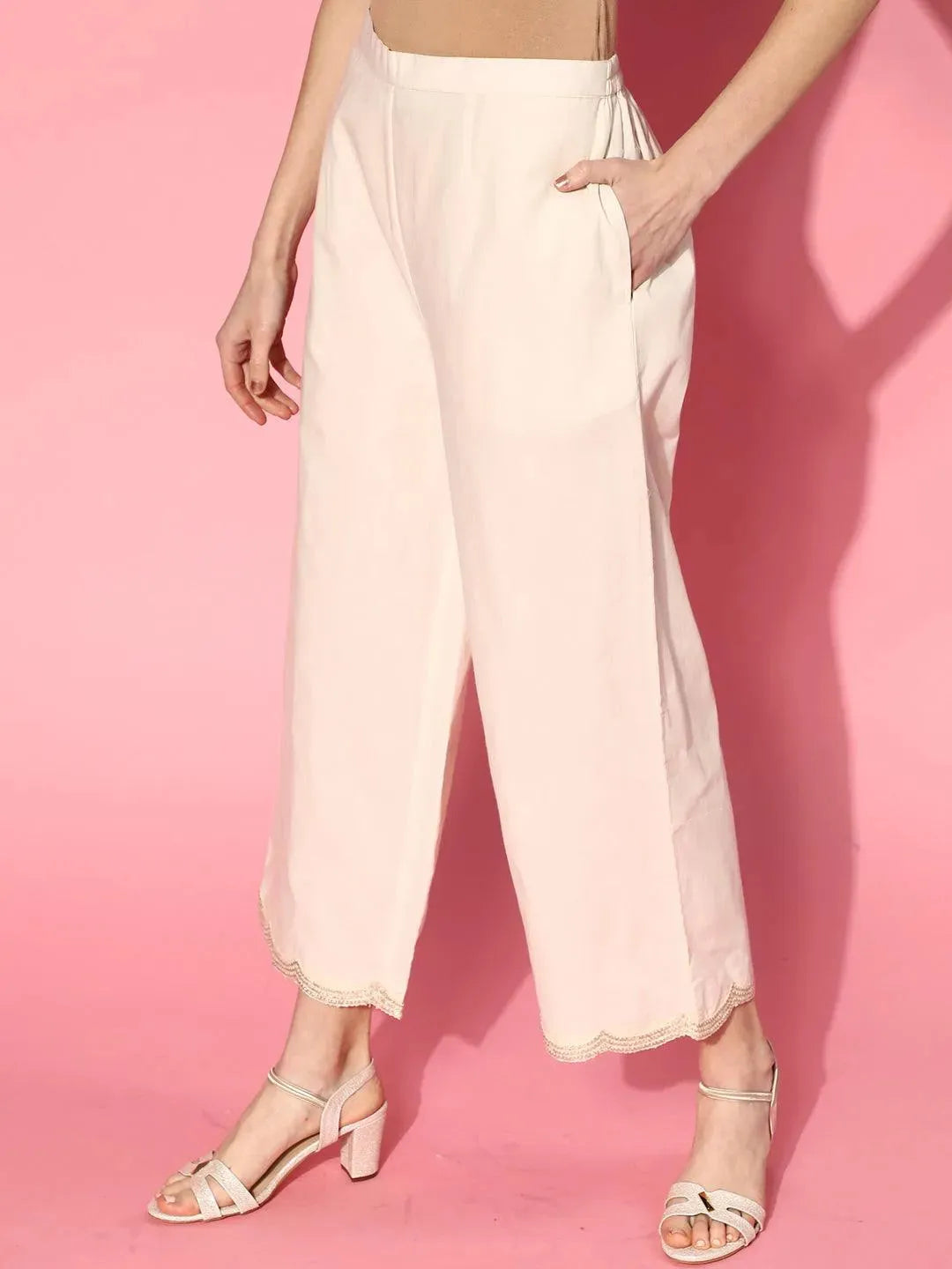Off White Solid Cotton Palazzos - Libas 