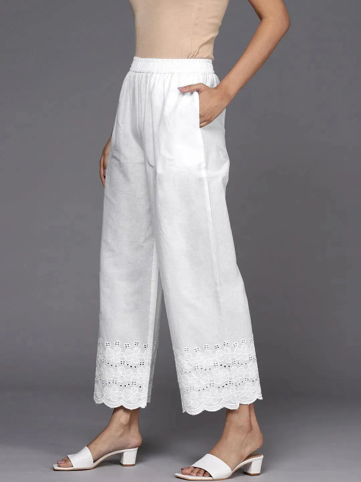 Off White Solid Cotton Palazzos - Libas