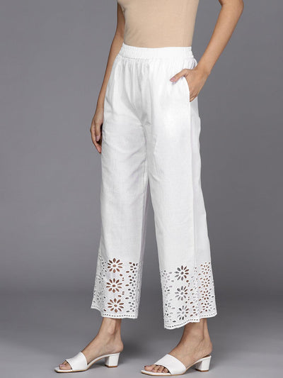 Off White Solid Cotton Palazzos - Libas