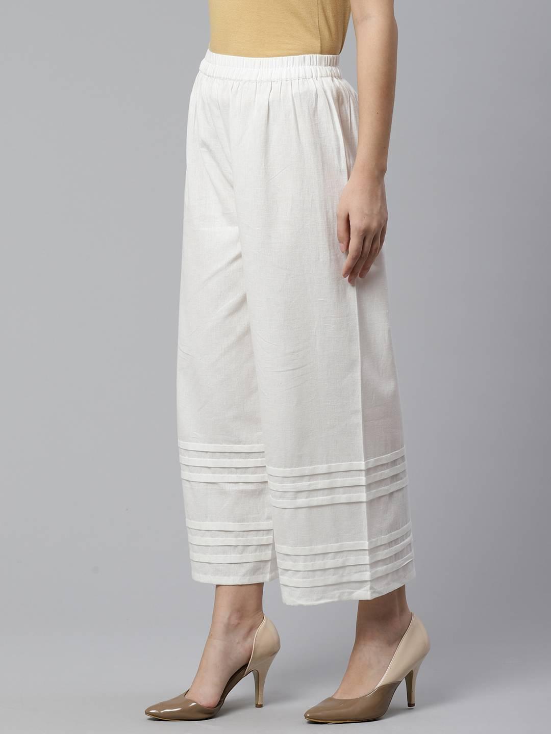Off-White Solid Cotton Palazzos - Libas