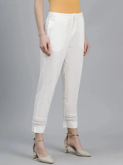 Off-White Solid Cotton Palazzos - Libas