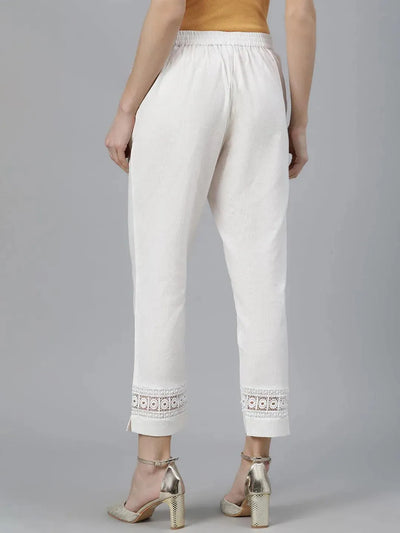 Off-White Solid Cotton Palazzos - Libas