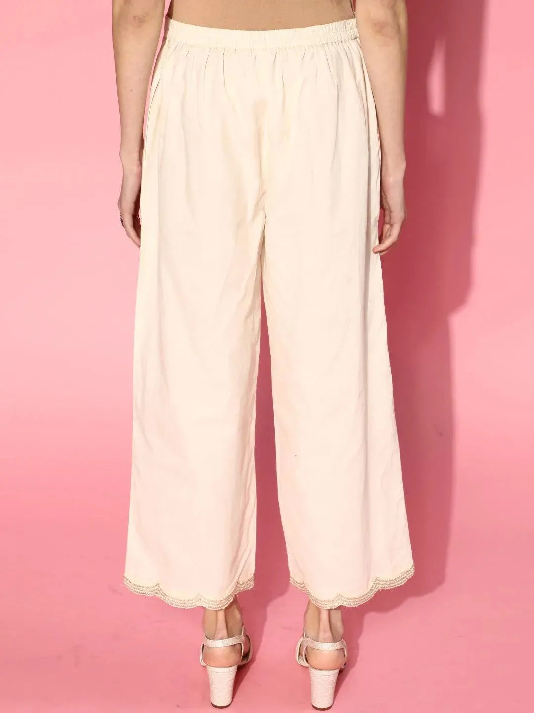 Off White Solid Cotton Palazzos - Libas