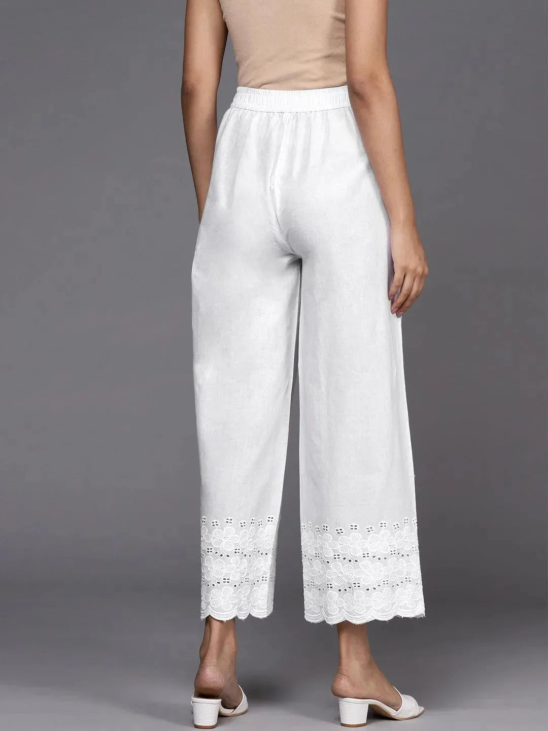 Off White Solid Cotton Palazzos - Libas 