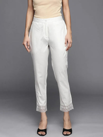 Off White Solid Cotton Trousers - Libas