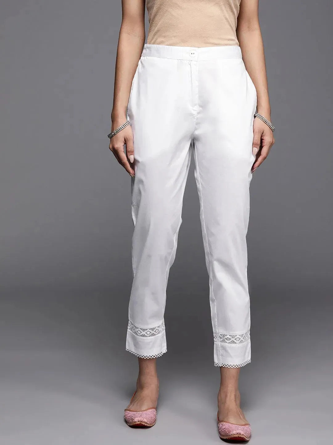 Off White Solid Cotton Trousers - Libas