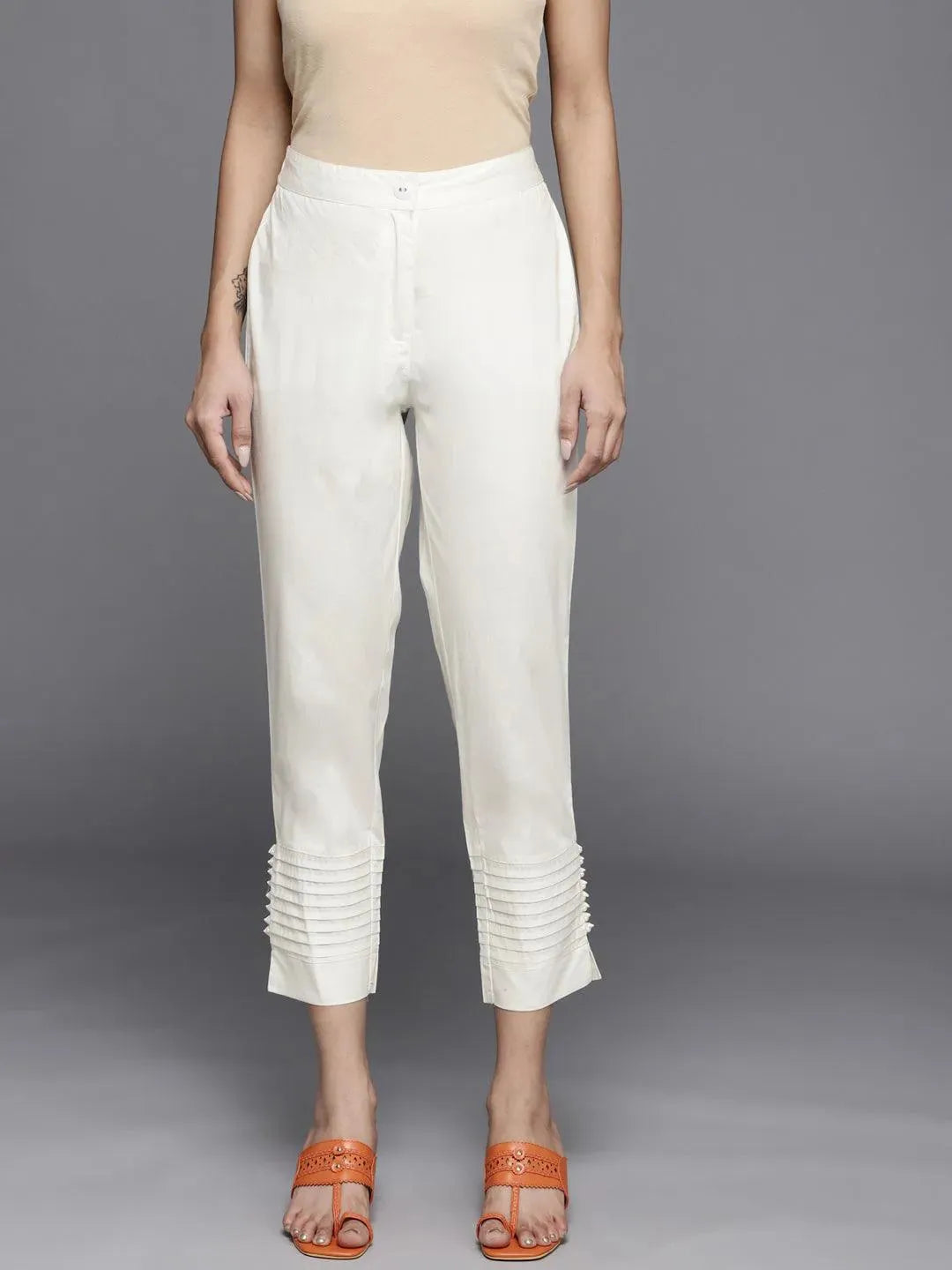 Off White Solid Cotton Trousers - Libas