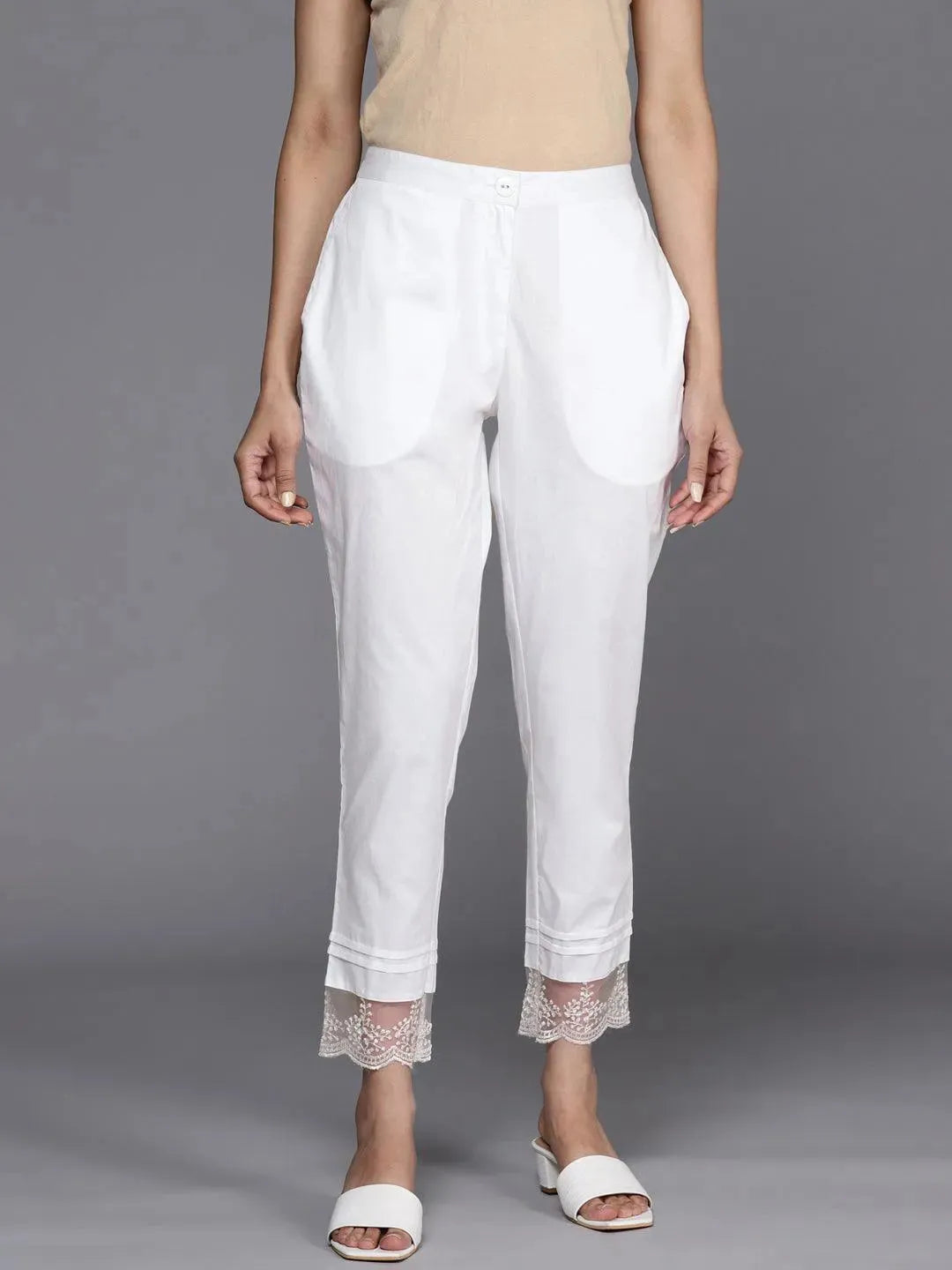 Off White Solid Cotton Trousers - Libas