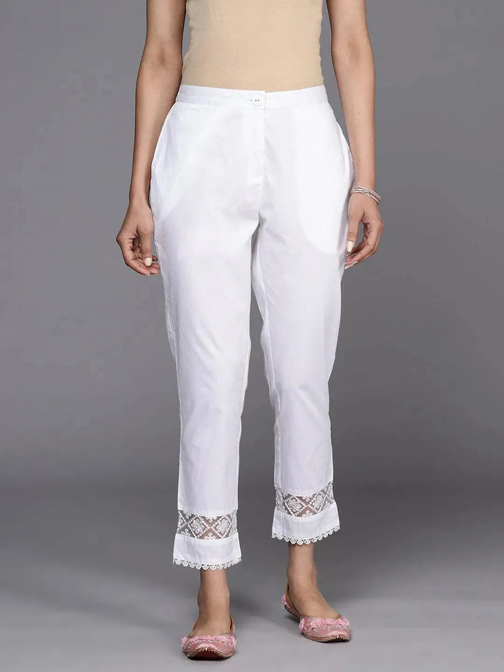 Off White Solid Cotton Trousers - Libas