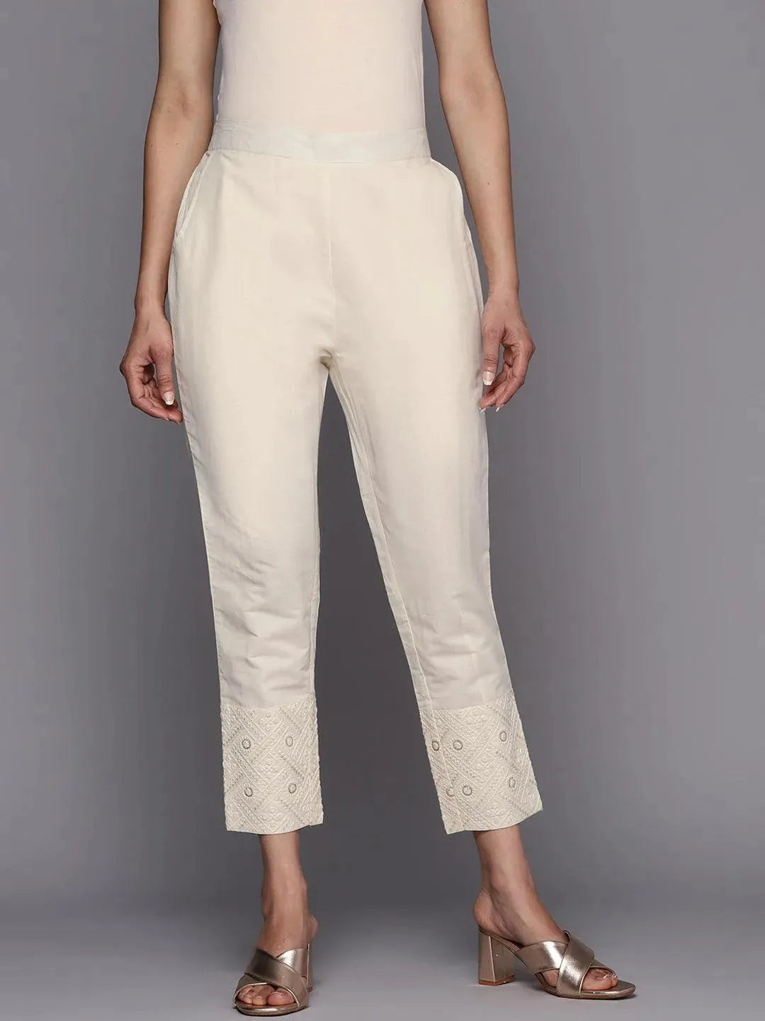 Off White Solid Cotton Trousers - Libas 