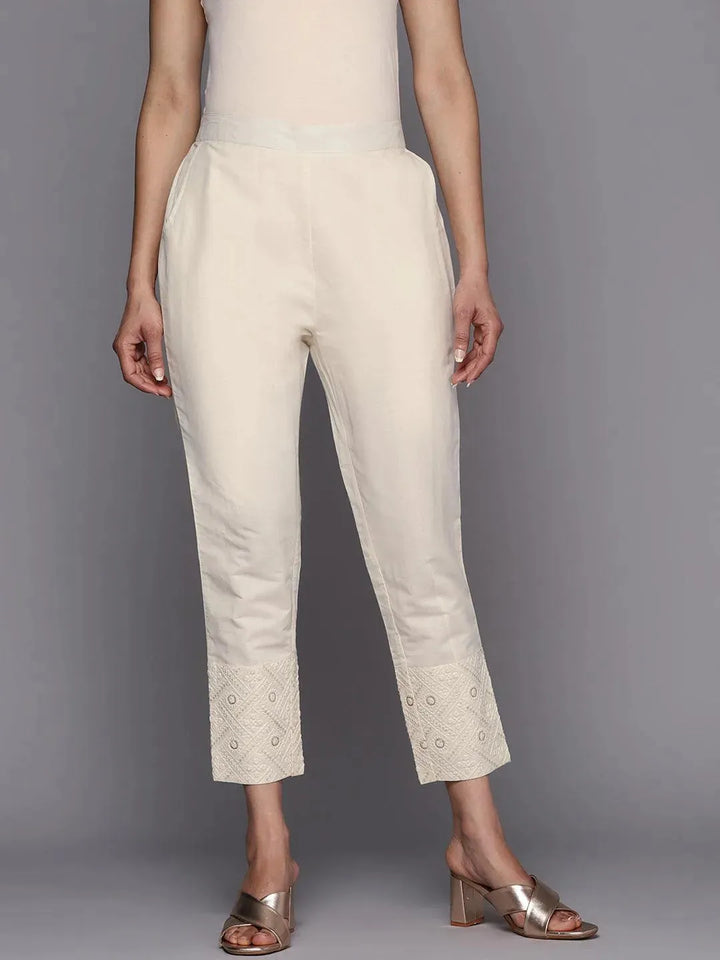 Off White Solid Cotton Trousers - Libas