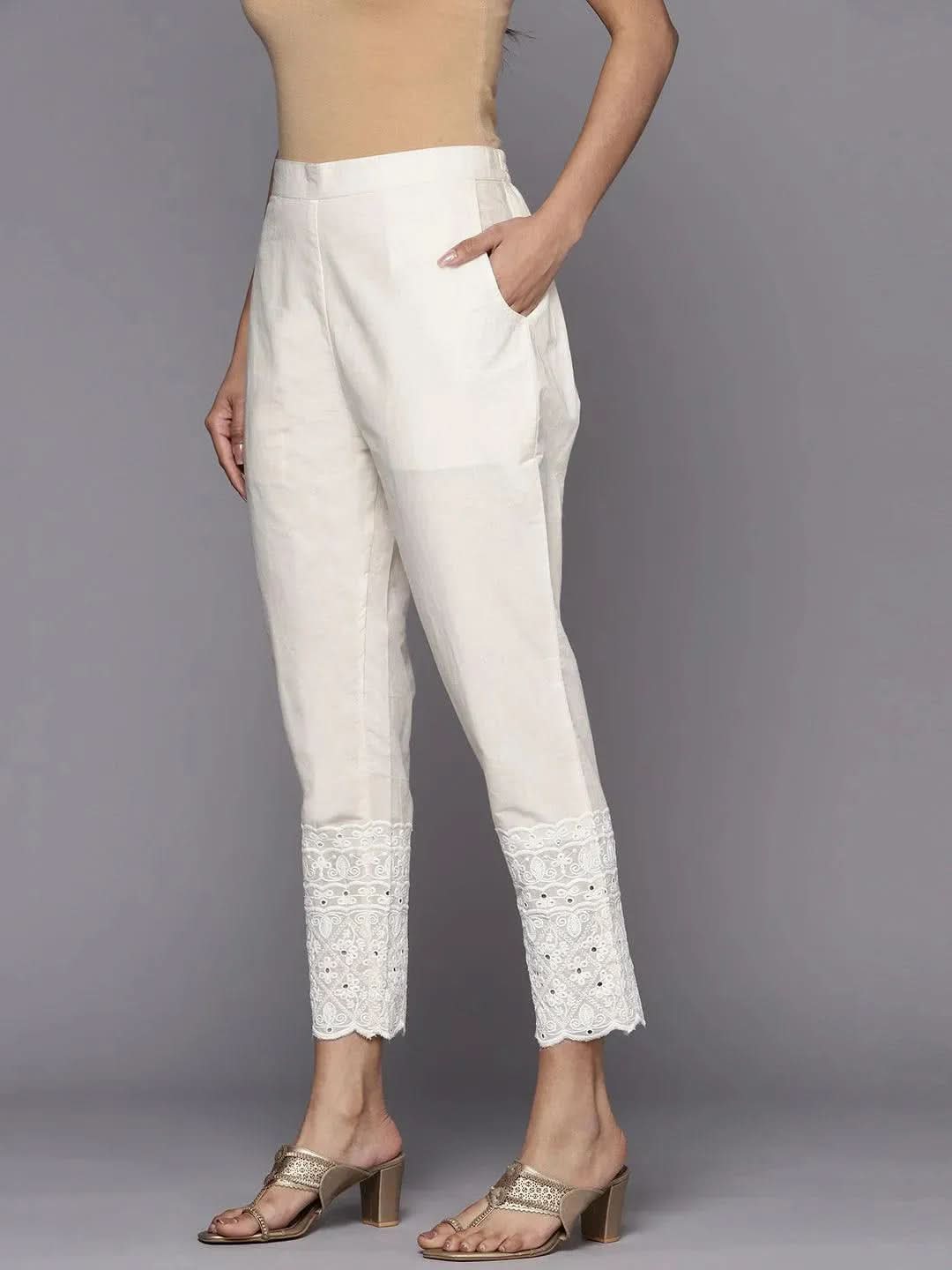 Off White Solid Cotton Trousers - Libas 