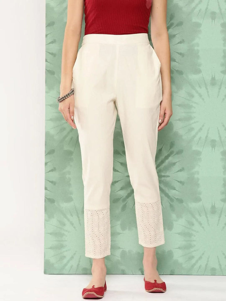 Off White Solid Cotton Trousers - Libas