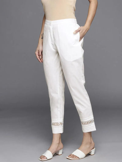 Off White Solid Cotton Trousers - Libas