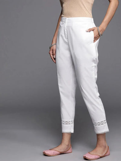 Off White Solid Cotton Trousers - Libas