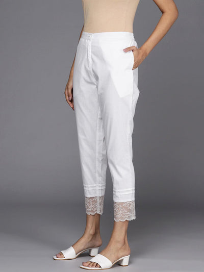 Off White Solid Cotton Trousers - Libas