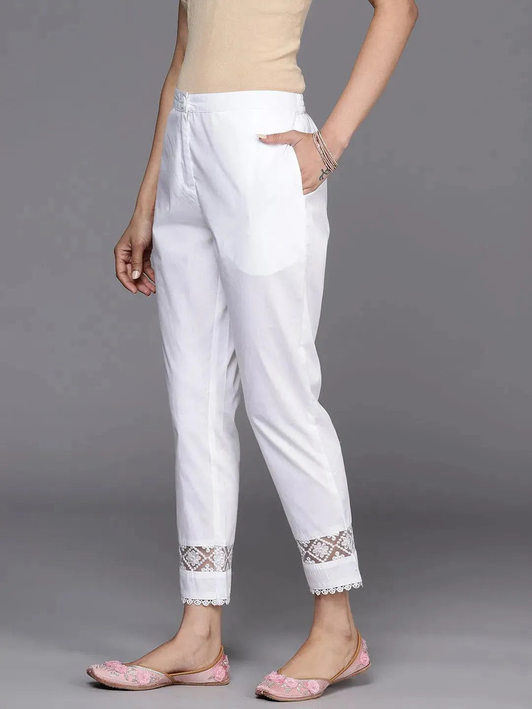 Off White Solid Cotton Trousers - Libas