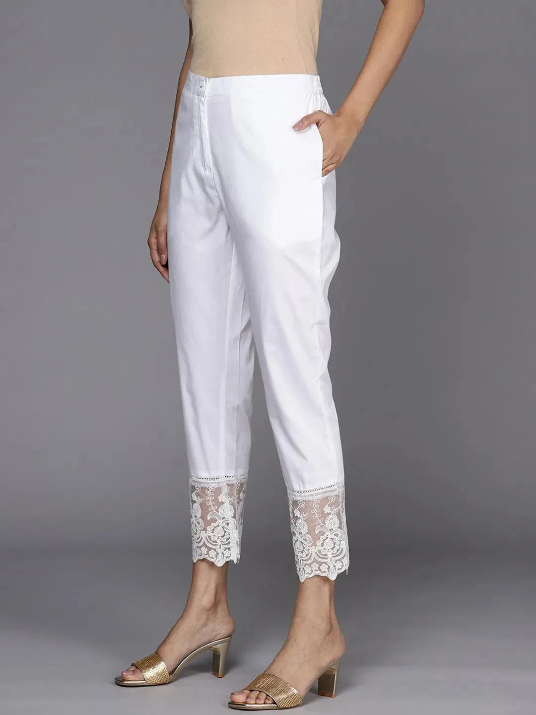 Off White Solid Cotton Trousers - Libas 