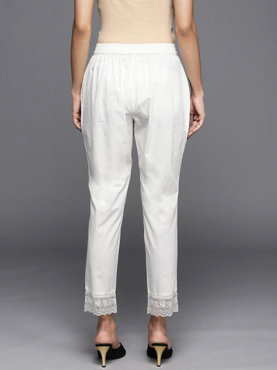 Off White Solid Cotton Trousers - Libas