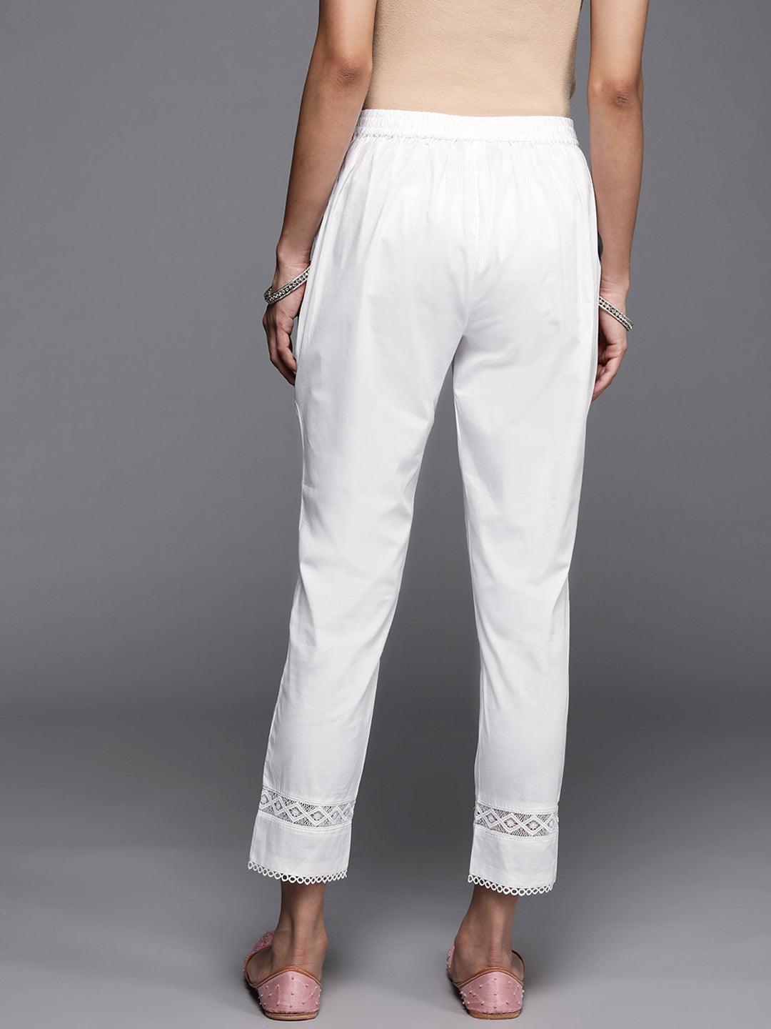 Off White Solid Cotton Trousers
