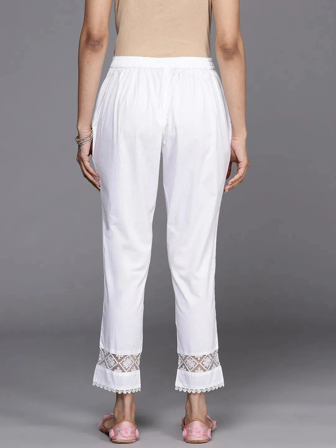 Off White Solid Cotton Trousers - Libas