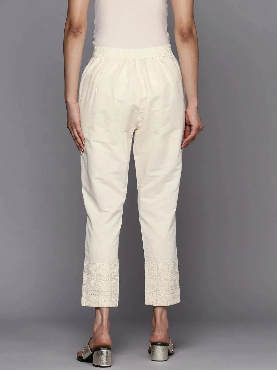 Off White Solid Cotton Trousers - Libas 