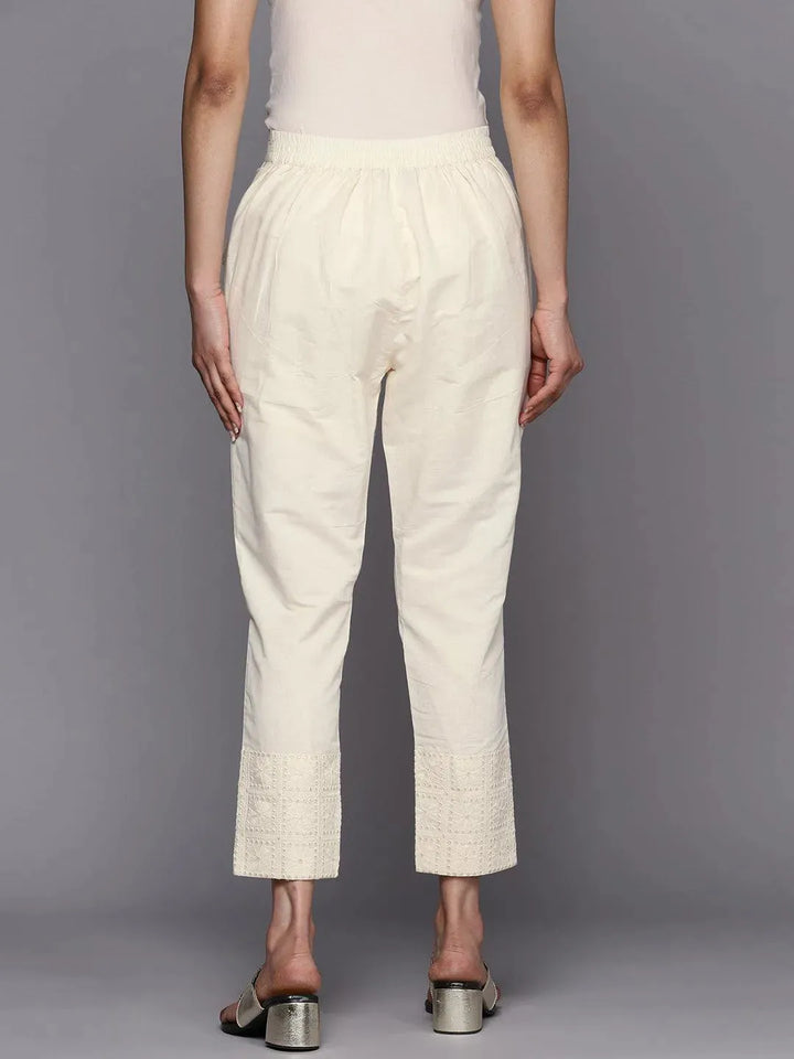 Off White Solid Cotton Trousers - Libas