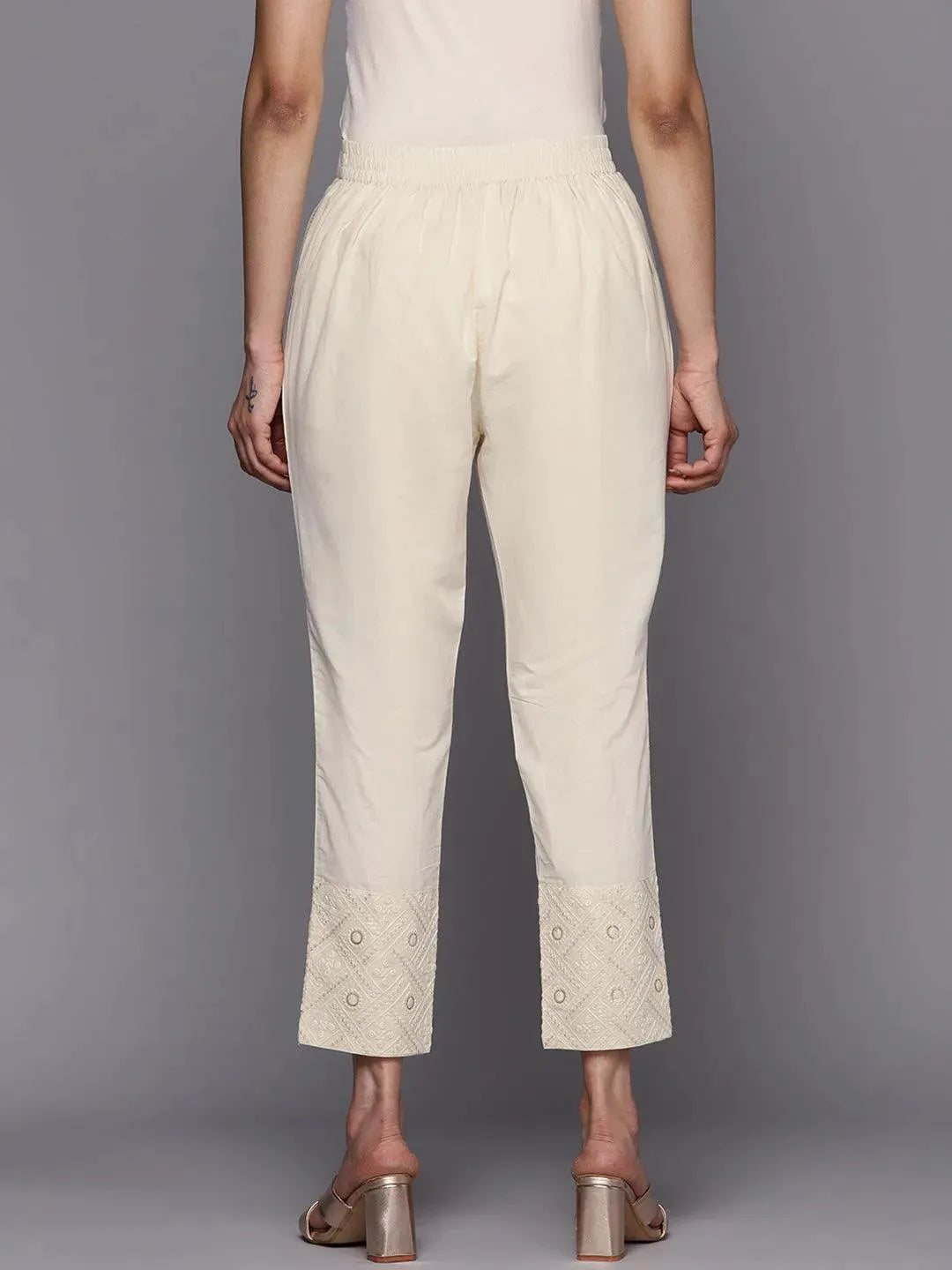 Off White Solid Cotton Trousers - Libas 