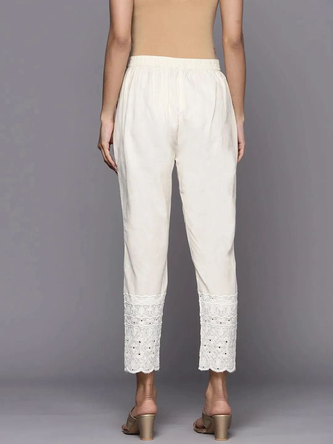 Off White Solid Cotton Trousers - Libas 