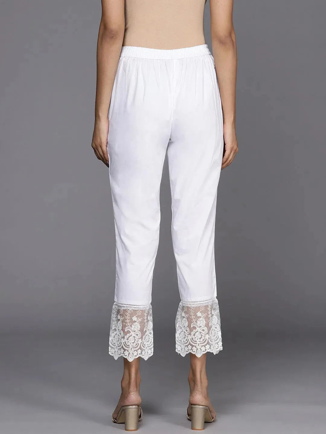 Off White Solid Cotton Trousers - Libas 