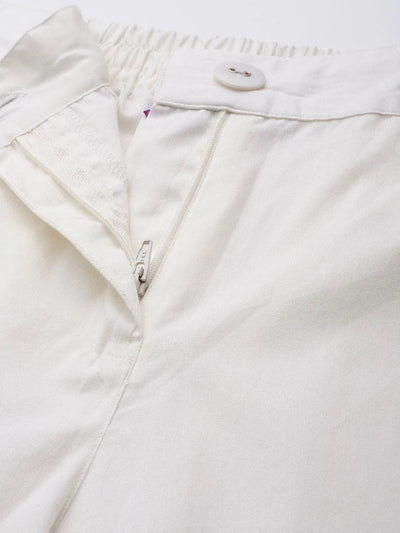 Off White Solid Cotton Trousers - Libas