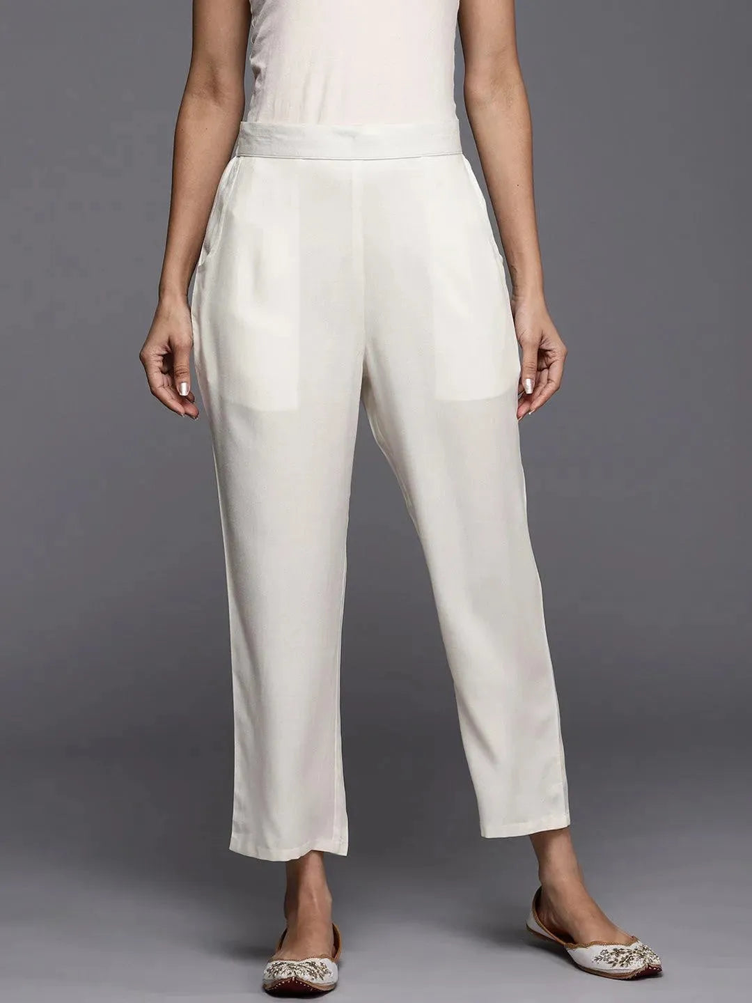 Off White Solid Pashmina Wool Trousers - Libas