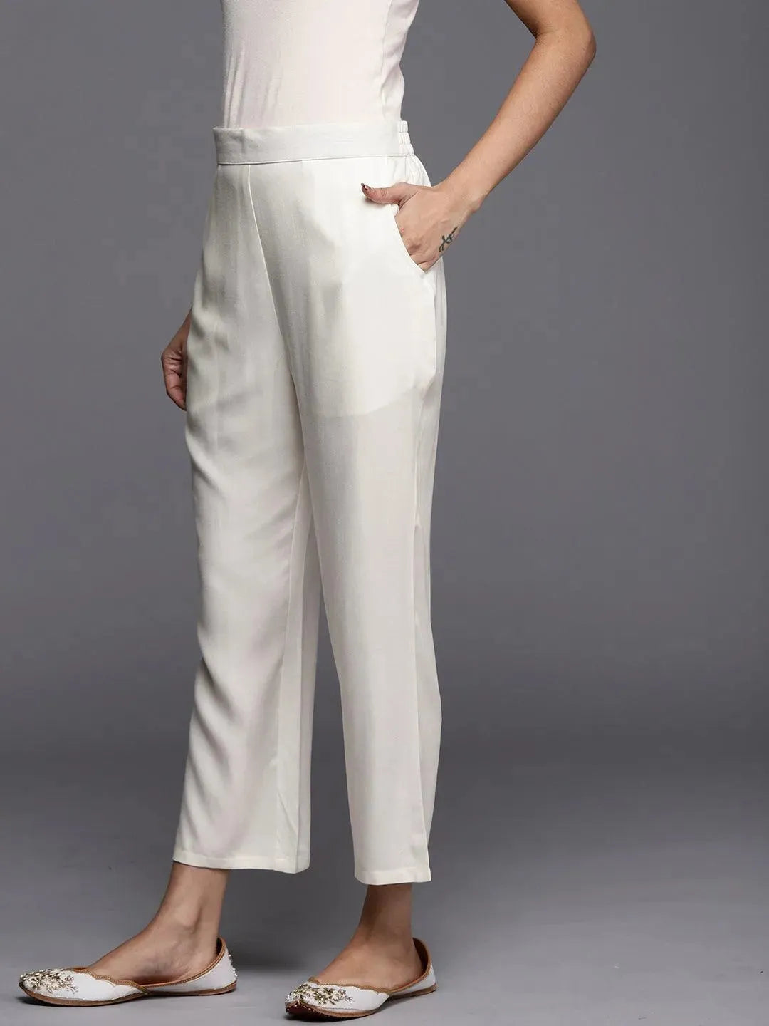 Off White Solid Pashmina Wool Trousers - Libas 
