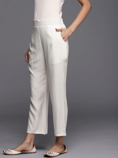 Off White Solid Pashmina Wool Trousers - Libas