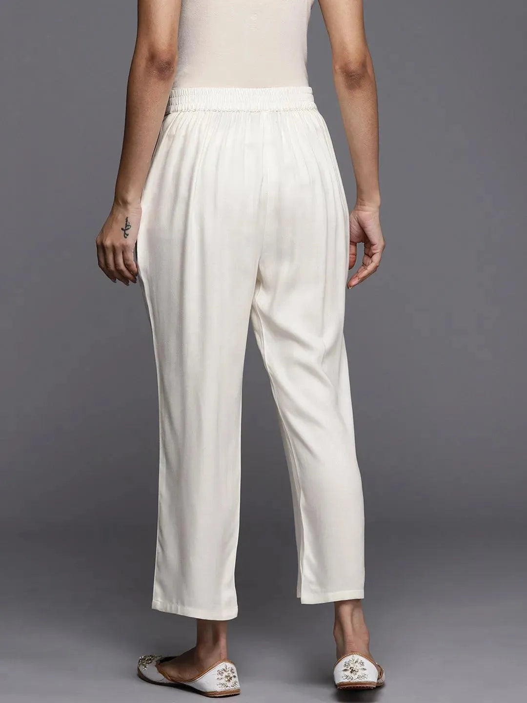 Off White Solid Pashmina Wool Trousers - Libas 