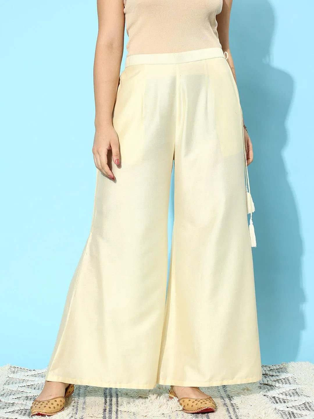 Off White Solid Silk Palazzos - Libas 