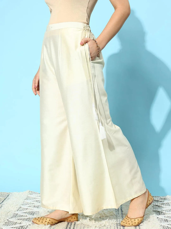 Off White Solid Silk Palazzos - Libas