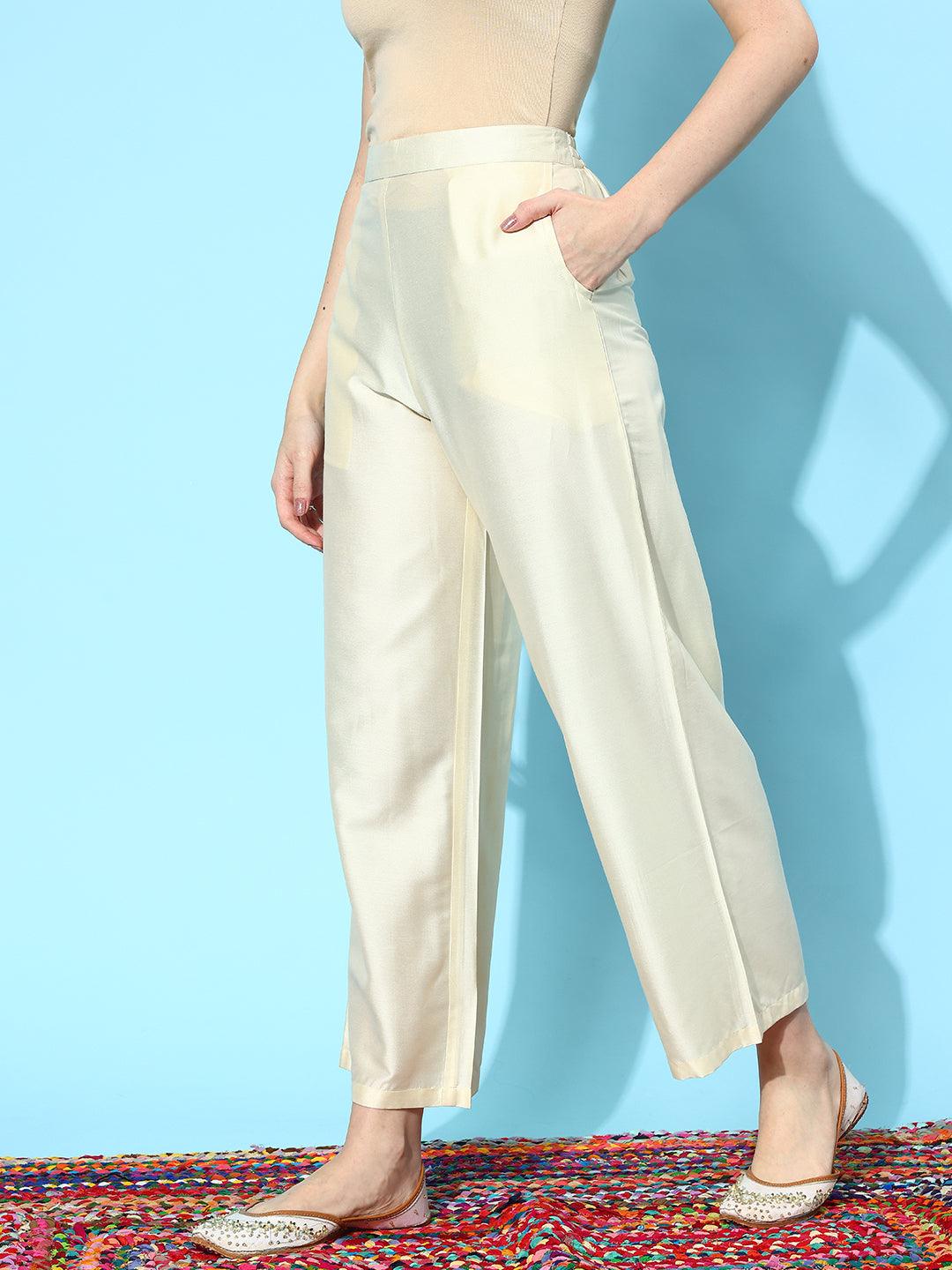 Off White Solid Silk Palazzos